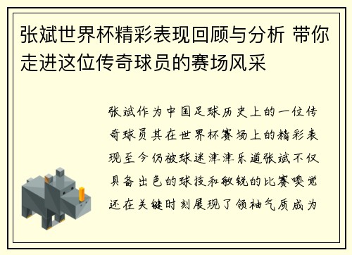 张斌世界杯精彩表现回顾与分析 带你走进这位传奇球员的赛场风采